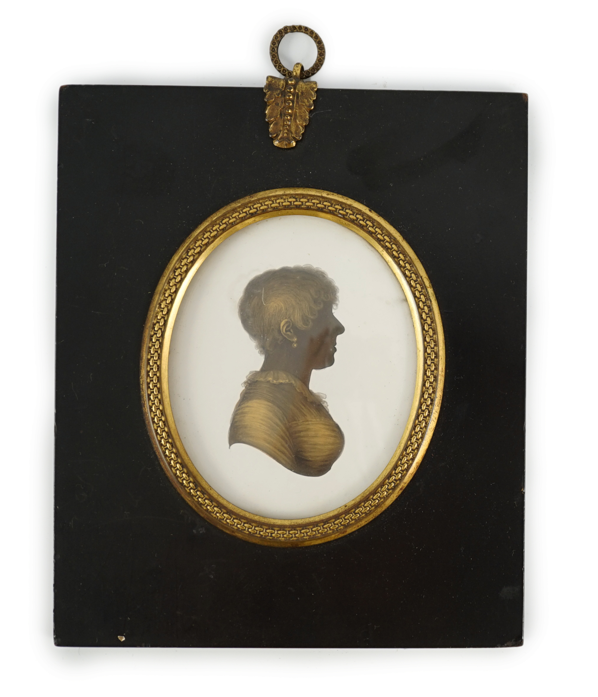 John Miers (1752-1821), Silhouette of the Countess of Clarendon, painted and bronzed plaster, 8 x 6.5cm.